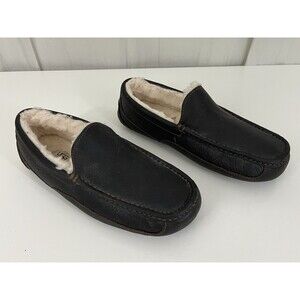 UGG Men’s Ascot Leather Slip On Slippers 5379 Dark Brown Sz 9 Extra Wide Luxe